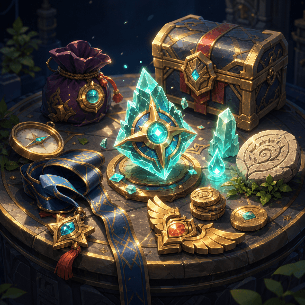 Magical reward objects arranged as polished game-studio artwork.
