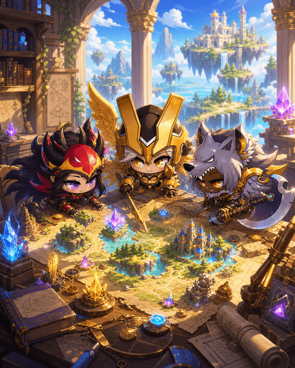 Hero's Flight characters gathered around a glowing fantasy strategy table.